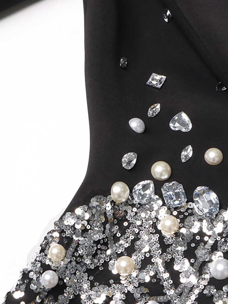 Temperament Women Dress Peaked Lapel Long Sleeve High Waist Spliced Pearls Crystal Sequins Mini Dresses Customized
