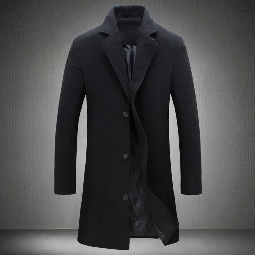 Spring Autumn New Long Cotton Coat New Wool Blend Pure Color Casual Business Fashion Mens Clothing Slim Windbreaker JacketT251025
