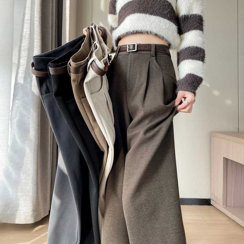 MEXZT Woolen Wide Leg Pants Women Streetwear Belt Fleece Baggy Black Suit Pants Winter Korean Fashion Casual Straight TrousersT251025