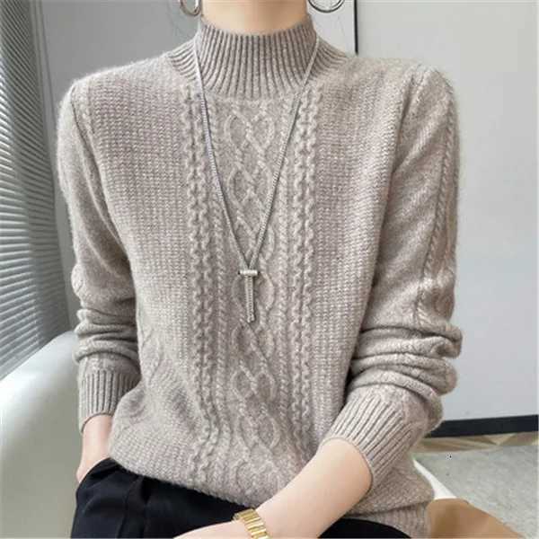 New Spring Knitted Pullovers Half High Collar Loose Thick Warm Sweater For Women Vintage Autumn Winter Mother Bottoming TopT251025