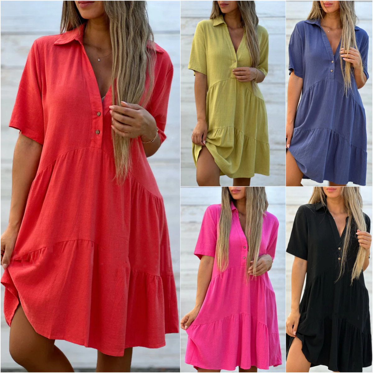 2025 Women's Loose Solid Color Turn-Down Collar Casual Short Sleeve Cotton Dress