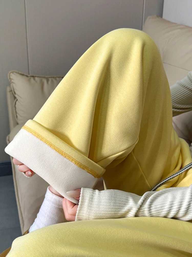 Velvet Wideleg Pants Women Highwaisted Drawstring Loose Casual Thicken Warm Sweatpants Solid Yellow Winter Womens TrousersT251025