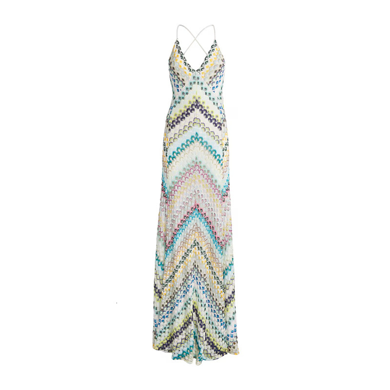 Designer's fashionable tight fitting dress new V-neck lace up sleeveless waistband slim fit printed women's long skirt