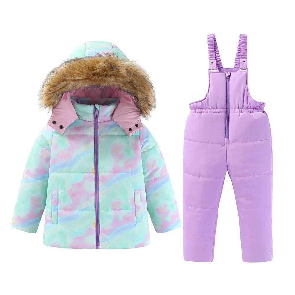 4-8T Kids Girls Ski Suits Hooded Coats Children Winter Warm Pant Outdoor Sportwear Thick Cotton Snowboard Skiing Suit