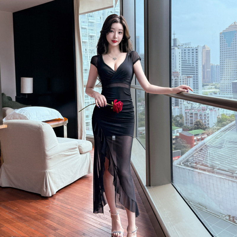 New Nightclub Designer Long Dress Sexy Low cut Mesh Dress Women's Sauna Massage Foot Bath Technician Work Clothes