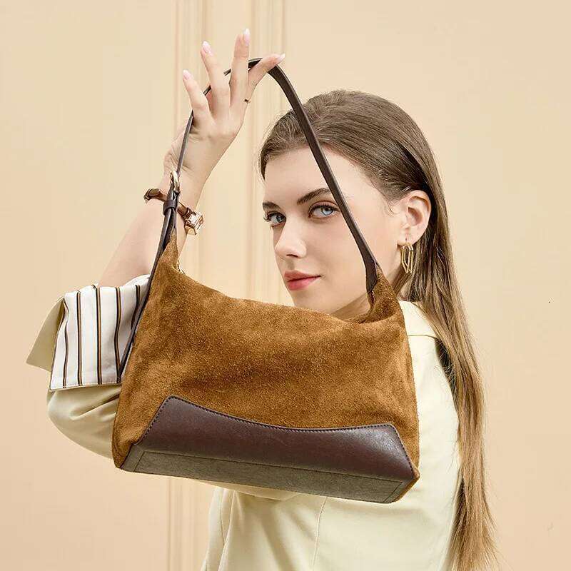 Suede Women Underarm Shoulder Bag Designer Genuine Leather Splicing Lady Commuter Handbags Winter Elegant Chic Purse 1025