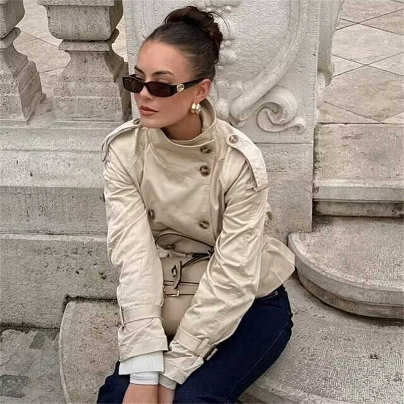 Womens Trench Coat for Autumn Solid Color Long Sleeve Doublebreasted with Waist Tie Short Trench Coat Jacket British 251024