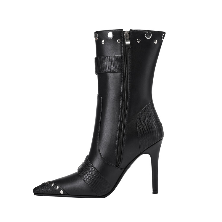 Chengdu Craftsmanship Two-Way Wear Punk Stud Boots 10cm Stiletto Heel Belt Buckle Pointed Toe Ankle and Knee High Boots Black