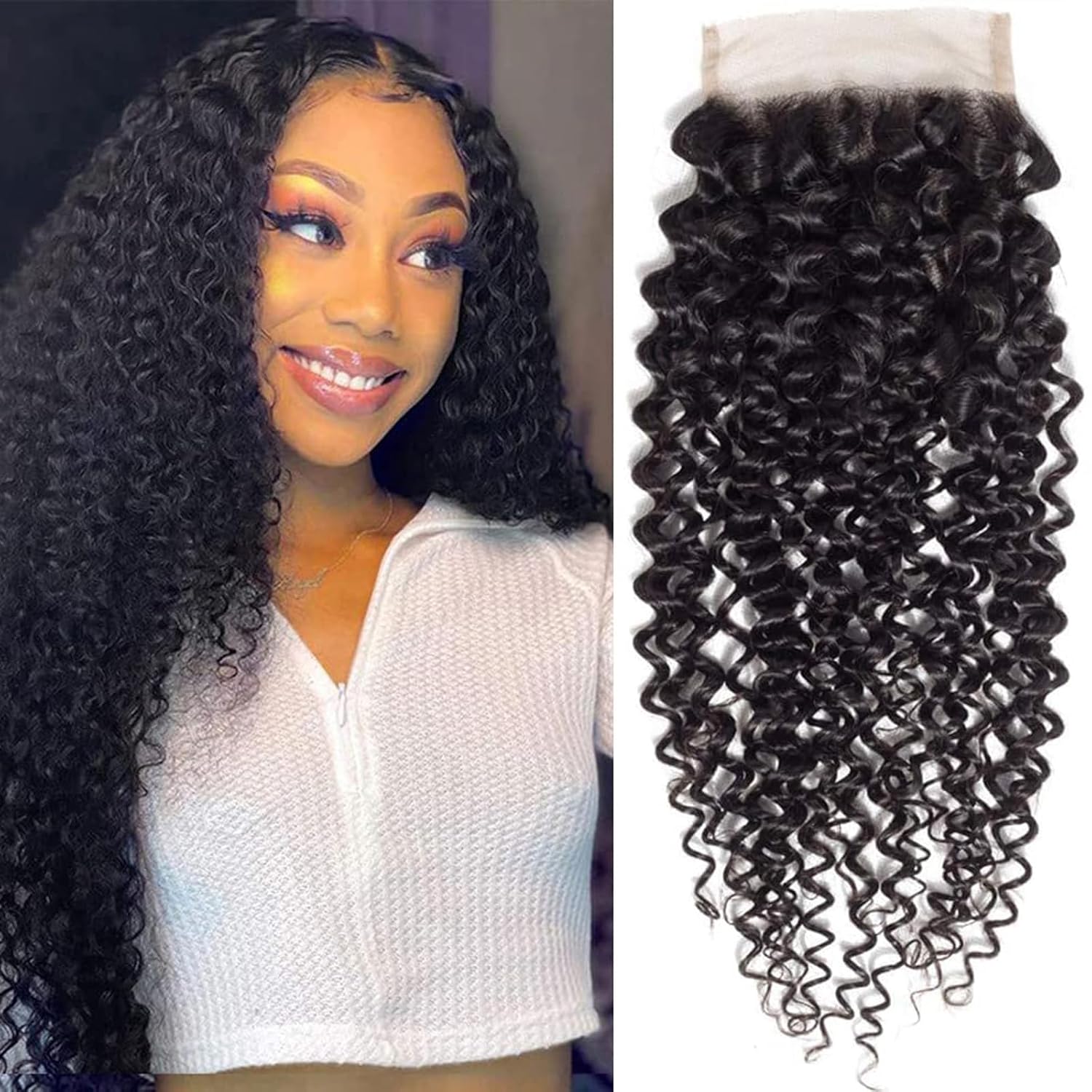 Curly Lace Closure Human Hair 4x4 Free Part Swiss Lace Virgin Kinky Curly Human Hair Closure Natural Black(10-22 Inch)