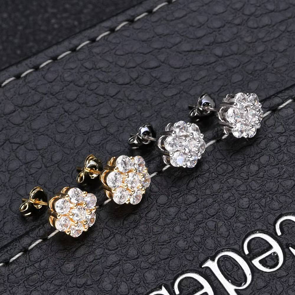 S925 Silver Moissanite Flower Personality Stud Earrings Custom Premium Sense Men Earrings Hip Hop Women Ice Out Earrings