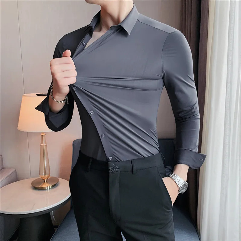 Plus Size 4XLM High Elasticity Seamless Shirts Men Long Sleeve Top Quality Slim Casual Shirt Social Formal Dress Shirts 251023