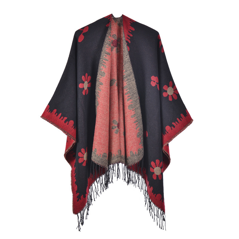 Korean Style Fashion Autumn Winter Shawl New Fresh Floral Knitted Cardigan with Tassels and Slit Warm Outer Cape