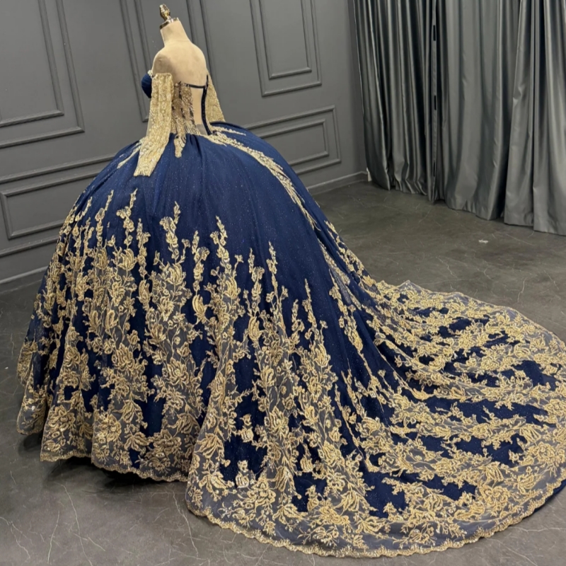 Royal Blue Shiny Quinceanera Dresses Ball Gown Off The Shoulder Gold Applique Lace Beading Tull Long Sleeves Party Birthday Sweet 16 Dress Vestidos 15