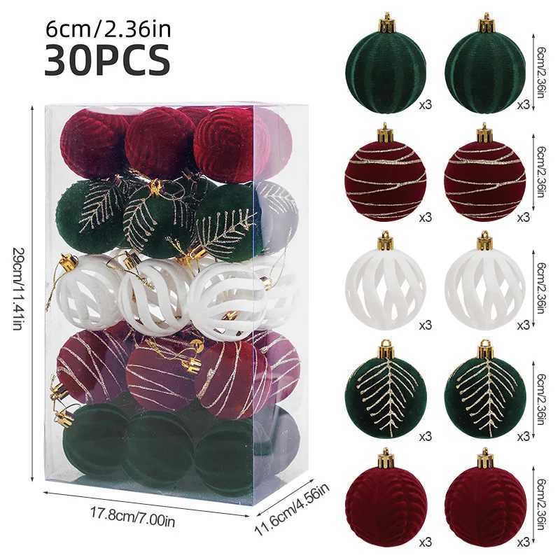 30Pcs 6cm Christmas Ball Ornaments Velvet Red Gree White Balls Xmas Tree Hanging Pendants 2025 Christmas Decoration For Home C251024