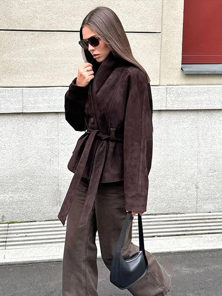 Vintage Suede Jackets Women Loose V Neck One Button Long Sleeves Belt Coat Female 2025 Autumn Fashion Solid High Street Outwears dongdumaoyi