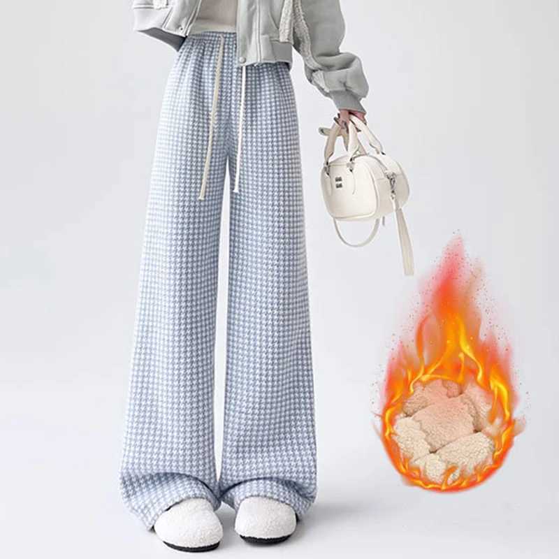 Winter Fashion Plaid Cotton Pants Women Fleece Thicken Warm Sweatpants Woman Loose Lace Up High Waist Cotton Trousers MujerT251025