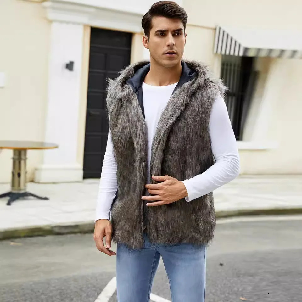 Men Hooded Vest V Neck Faux Fur Jackets Sleeveless Elegant Splice Vests Cardigan Hoodies Casual High Street Autumn Winter 251020