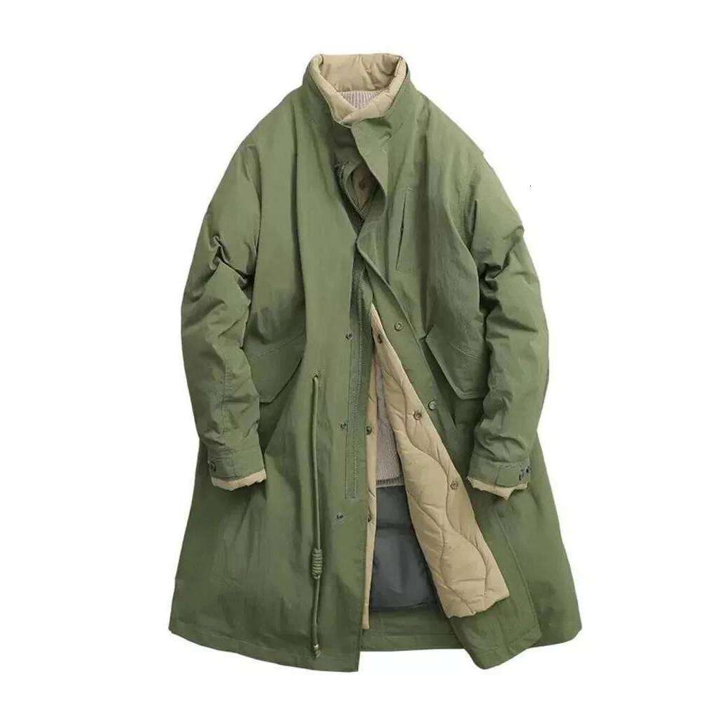 2025 New Cotton Padded Parka Army Green Vintage Fake Two Piece Stand Collar Long Jacket Drawstring Big Pocket Coat Women Coats Designer Women