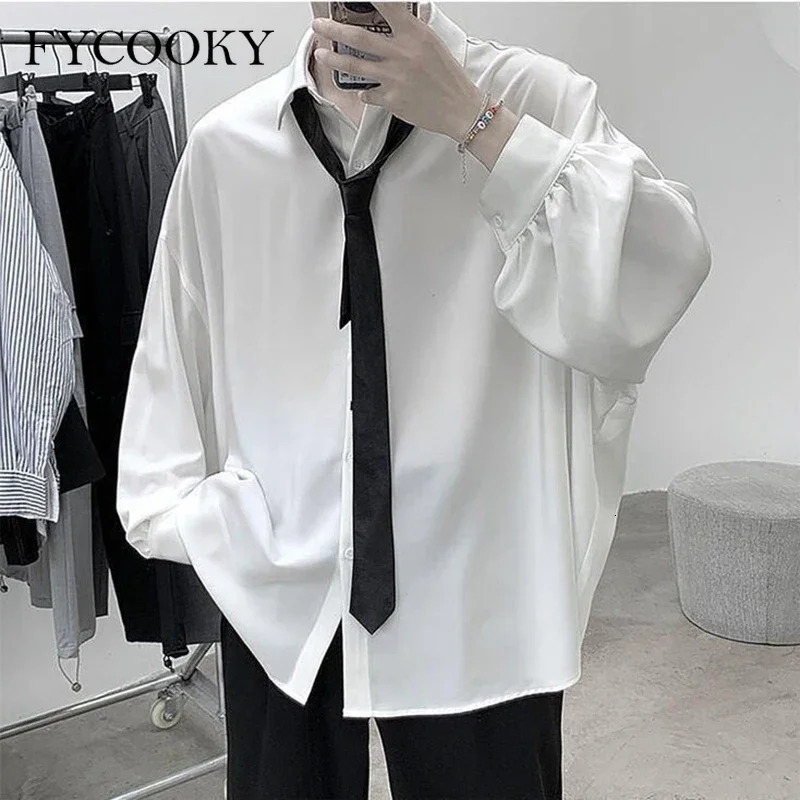 Black Longsleeved Shirts Men Korean Comfortable Blouses Casual Loose Single Breasted Shirt with Tie 251023