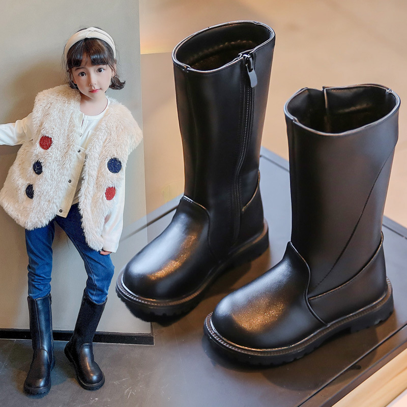 Girls Long Boots Black PU Leather Kids High Boots Winter Fashion Design Warm Fur Happysteps Children Girl Motorcycle Boots Sizes 26 - 36 US9C-US4Y H11