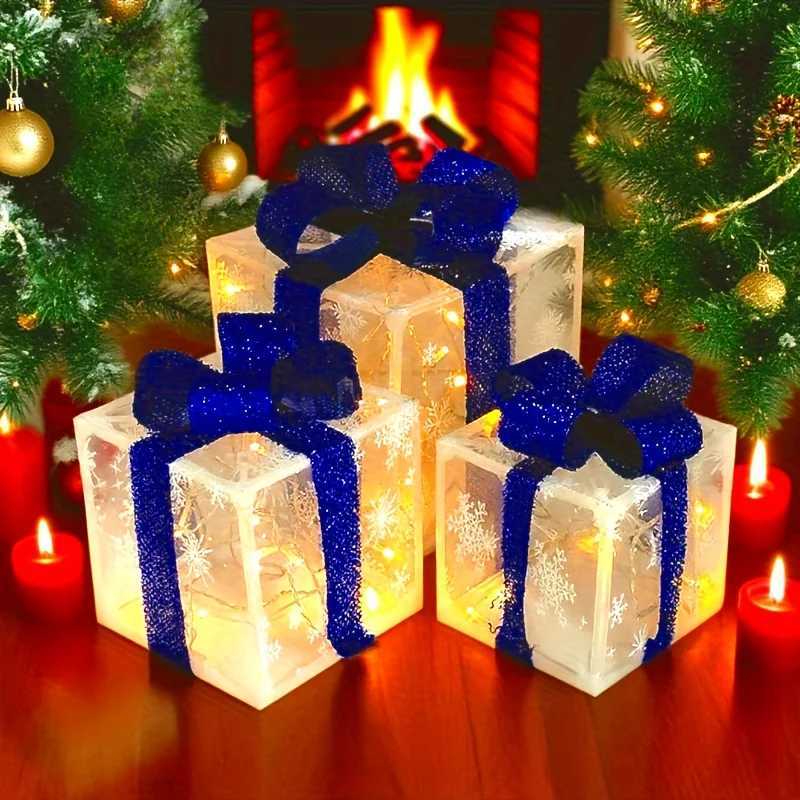 3pcs Christmas Luminous Gift Box Christmas Tree Decoration Holiday Party Decoration Christmas Decoration No Builtin Battery C251024