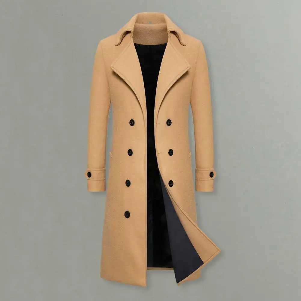 Men Overcoat Doublebreasted Slim Fit Mid Length Long Sleeve Thick Windproof Warm Soft Cardigan Buttons Lapel Men Long CoatT251025