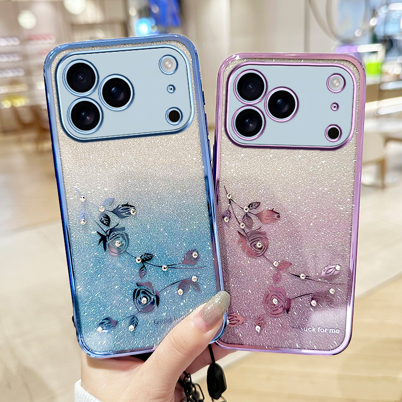 Luxury Gradient Glitter Diamond Flower Crossybody Strap Plating TPU Case For iPhone 17 Air 16e 16 15 14 13 12 11 Pro Max Samsung S25 Edge S24 FE S23 U