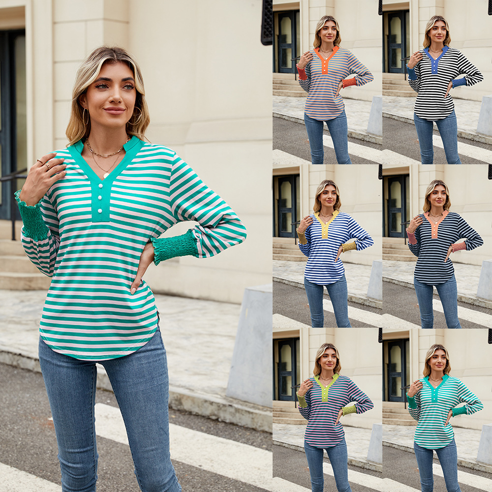 2025 Autumn and Winter New Knitted Sweater Long Sleeve Fashion Striped TShirt VNeck Top