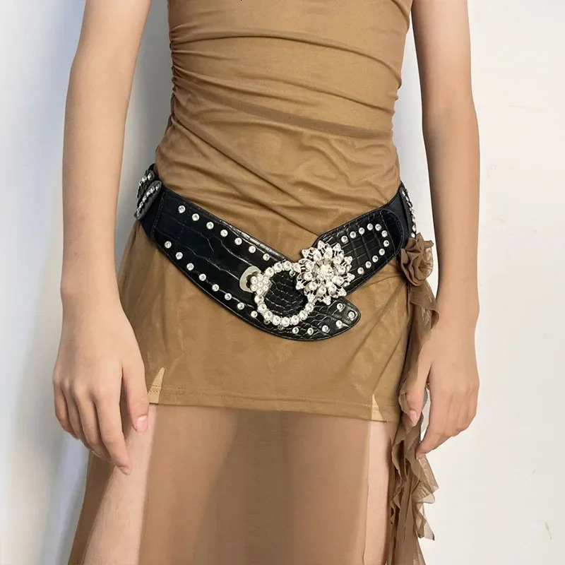Women Sexy Rhinestone Belts Bling Vintage Flower Punk Metal Buckle Y2K Wide Waistband PU Leather Belt for Skirt Accessories 251024