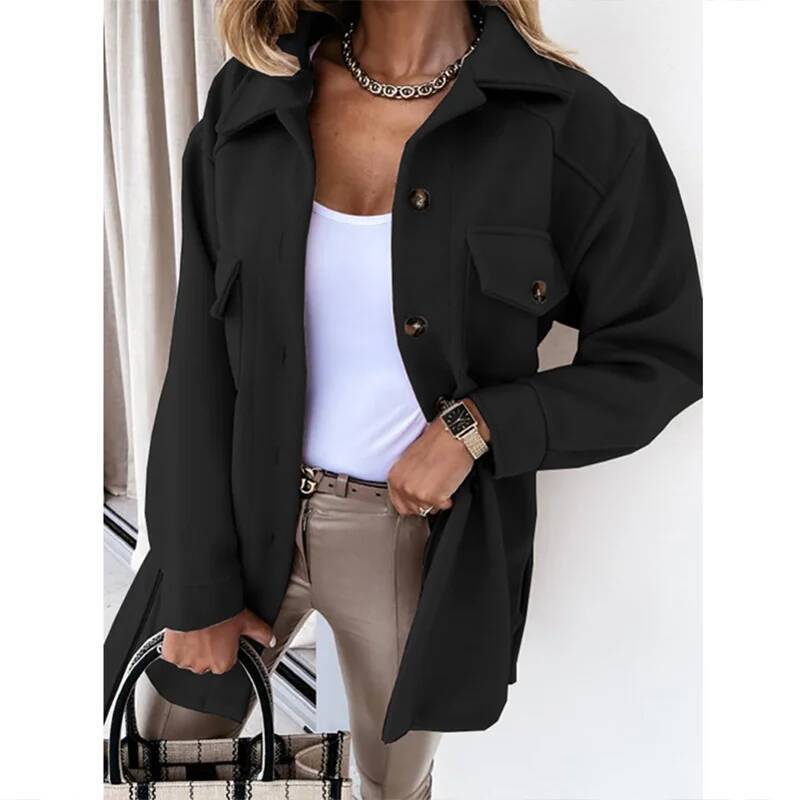 2023 Autumn/Winter New Women's Long Sleeve Temperament Solid Color Polo Button Lace Up Woolen Coat dongdumaoyi