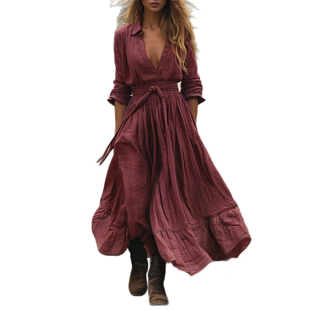 2025 European and American new retro long sleeved Bohemian long cotton linen dress, designer hot selling fashionable dress