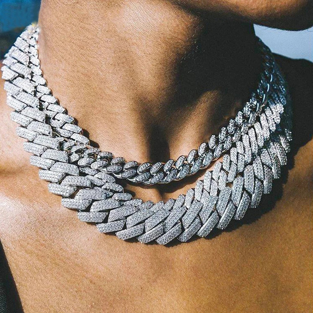 Iced Out Bling Rhinestones Prong Cuban Link Chain Mens Necklace 2 Row Crystal Curb Cuban Chain Hip Hop Jewelry 131420MM 251013