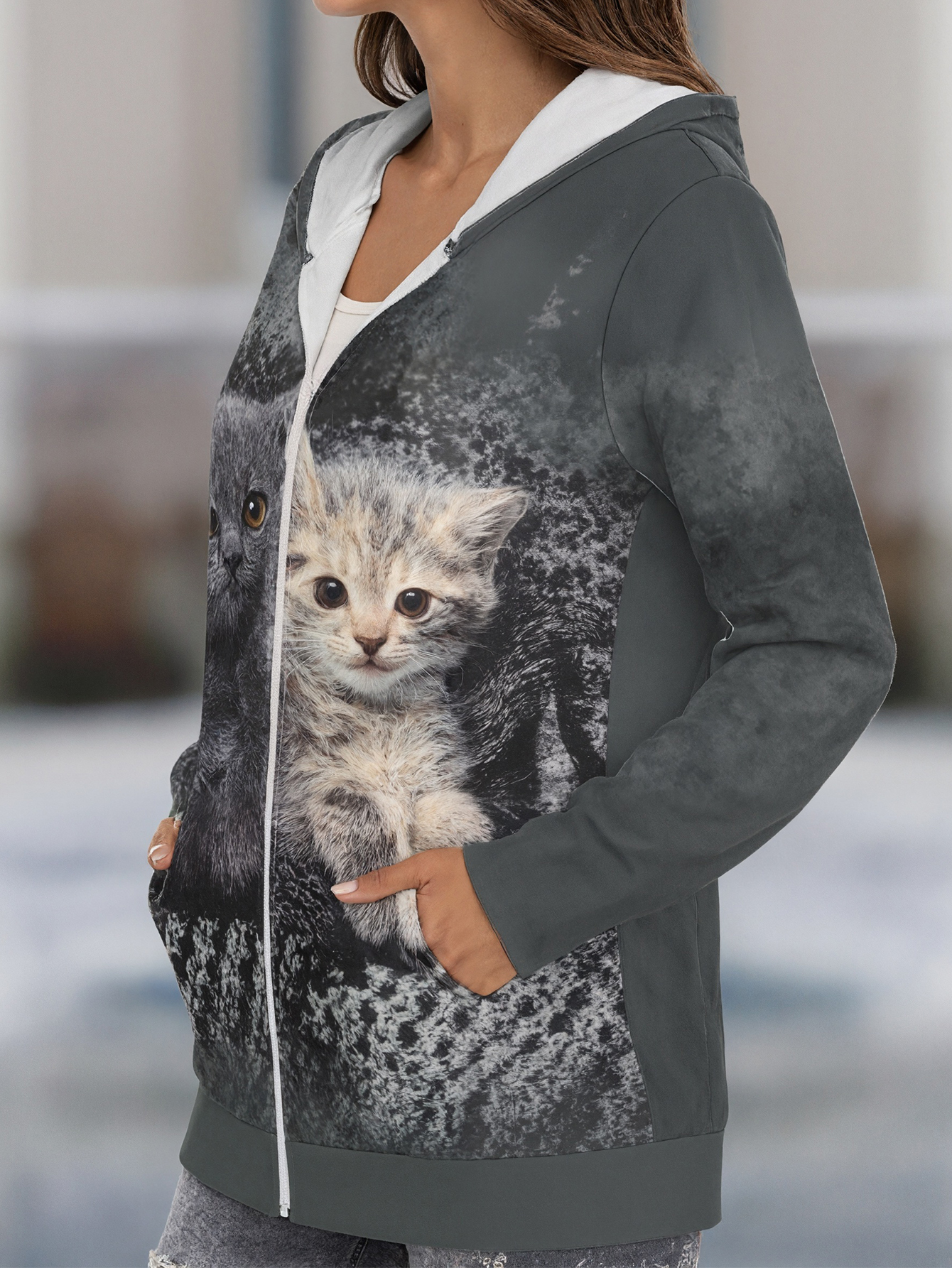 Autumn Winter New Retro Cat Printed Versatile Casual Zipper Hooded Jacket, Milk Silk Gray Hoodie, S-XXL--CF40322