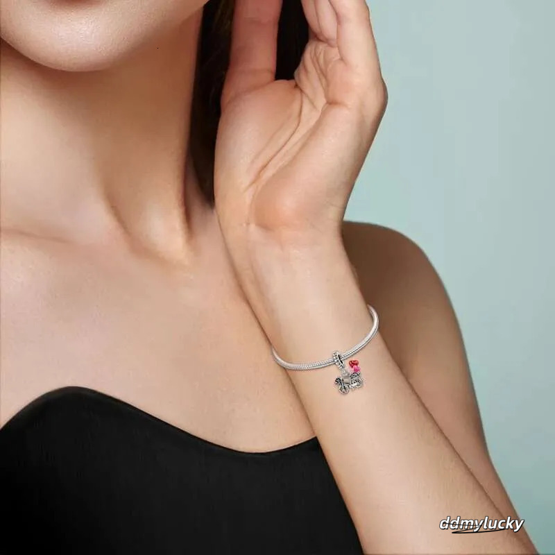 Beautiful Sterg Sier Red Valentine's Day Infinity Love Rose Pendant Fit DIY Bracelet Necklace Date Accessories Gifts Ddmylucky