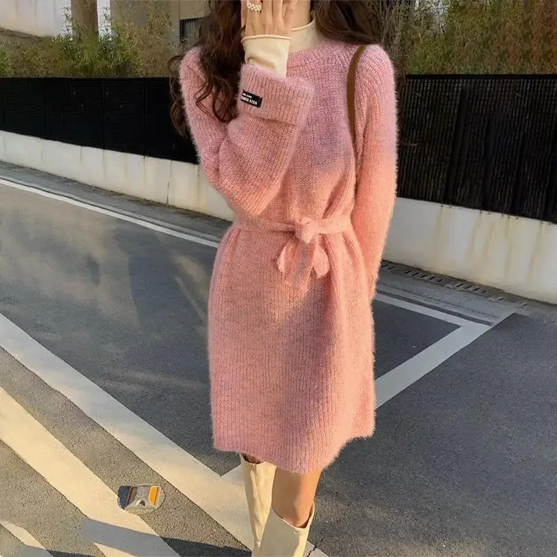 Ladies Lazy Style Long Knitted Sweater Dress Arrival Autumn Winter Loose Fit Midi Dress with Waist Cinching Feature 251023
