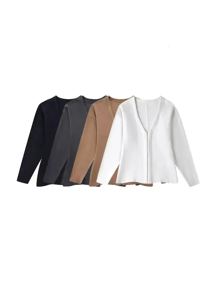 Womens Front Hook Fitted Knit Cardigan Sweater V Neck Long Sleeves Side Split Hem Female Outerwear Chic Tops Fashion 251013