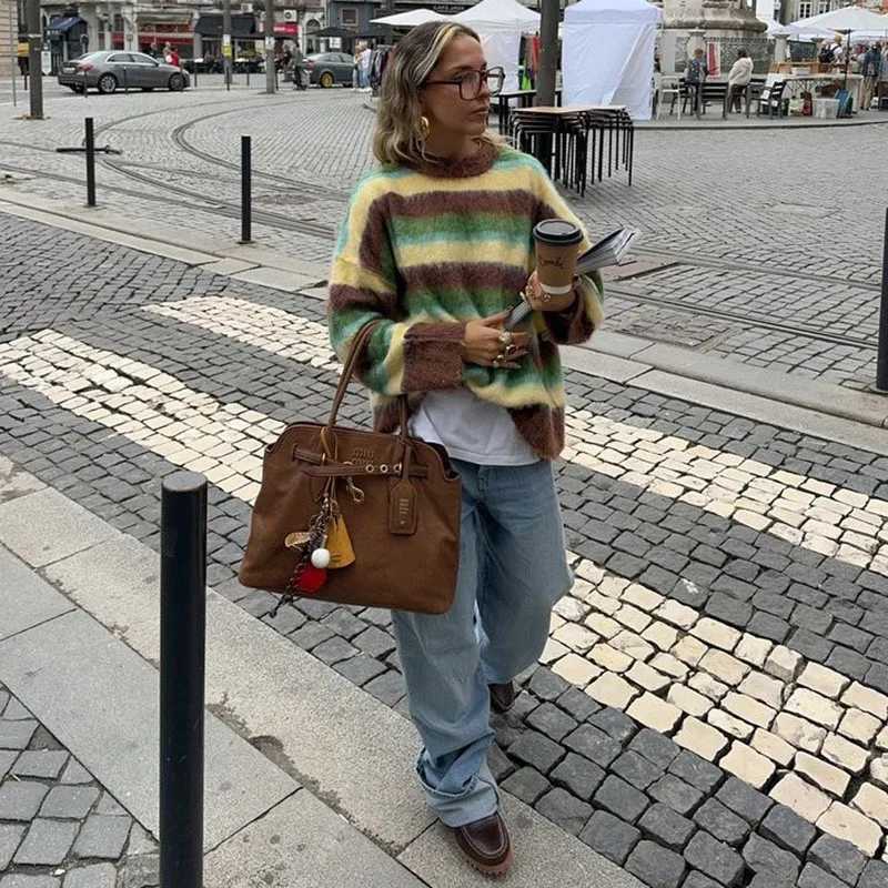 Striped Winter Clothes Woman Pulls Femmes Allmatch Loose Simple Style Sweater Comfortable Knitted Contrast Color Loose CasualT251025