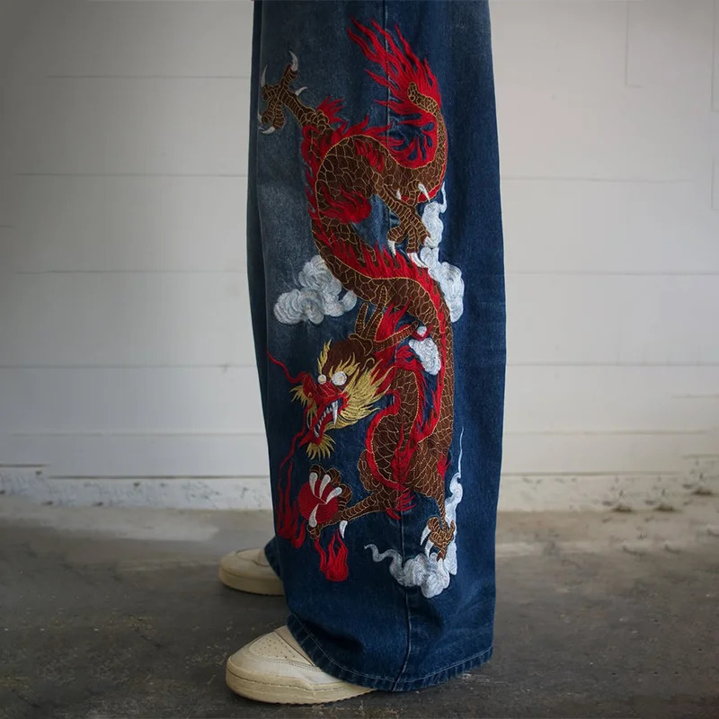 Y2K Baggy Jeans Dragon Graffiti Embroidery Dark Blue Loose Wide Leg Distressed Jeans High Waist American Vintage Goth Streetwear 251024