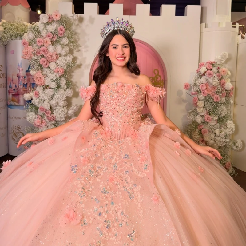 Pink Quinceanera Dresses Ball Gown Off The Shoulder Applique Beads Tull Party Birthday Sweet 16 Dress Vestidos 15 de anos