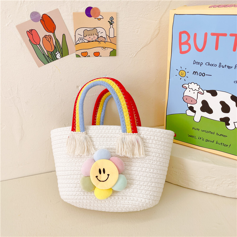 New children's handbag, cotton rope woven girl's bag, gift basket, children's shoulder bag, cartoon sunflower designer rainbow bag