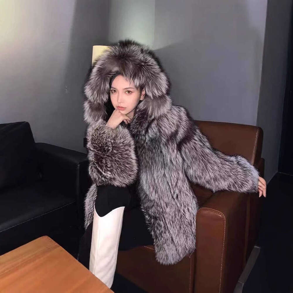Korean New Coat Style Women's Strength Winter Faux Fox Fur Hooded Warm Overcoat