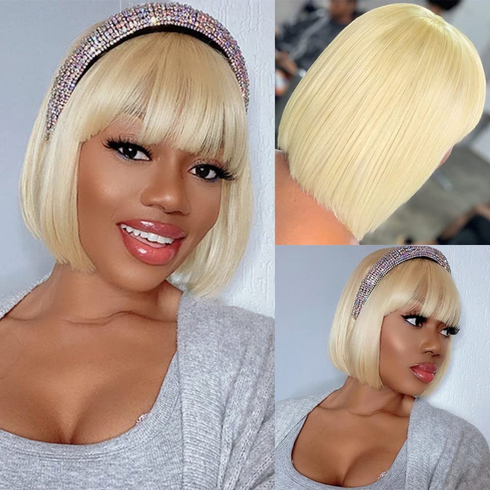 613 Blonde Bob Wig with Bangs Human Hair Silky Straight Glueless 8-16 Inch Short Hair for Women Daily Party Use
