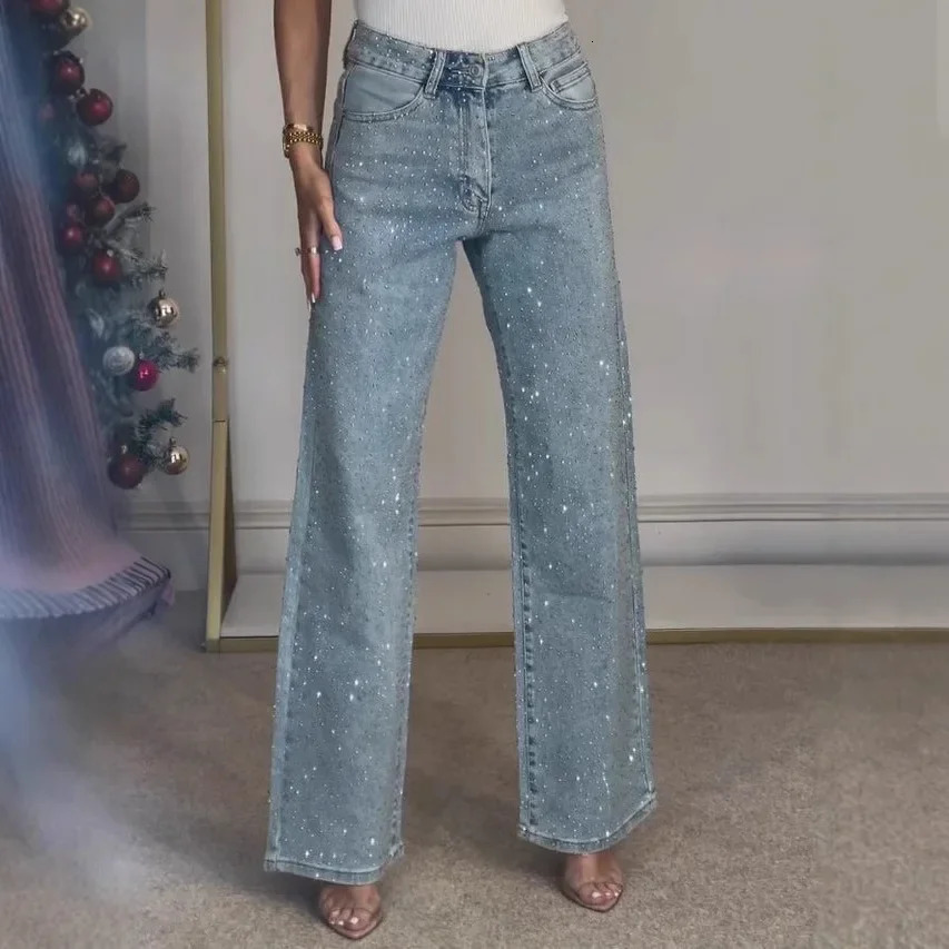 Jeans for Women Straight Diamonds Pants Stretch High Waist Washed Mom Jeans Vintage Denims Streetwear Y2k Streetwear Trousers 251023