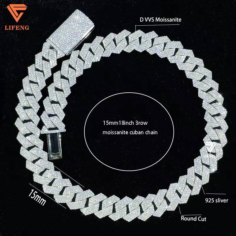 15mm 3Row Fashionable Silver Miami Cuban Link Chain Iced Hip Hop S925 Moissanite Diamond Tester Pass Mens Jewelry
