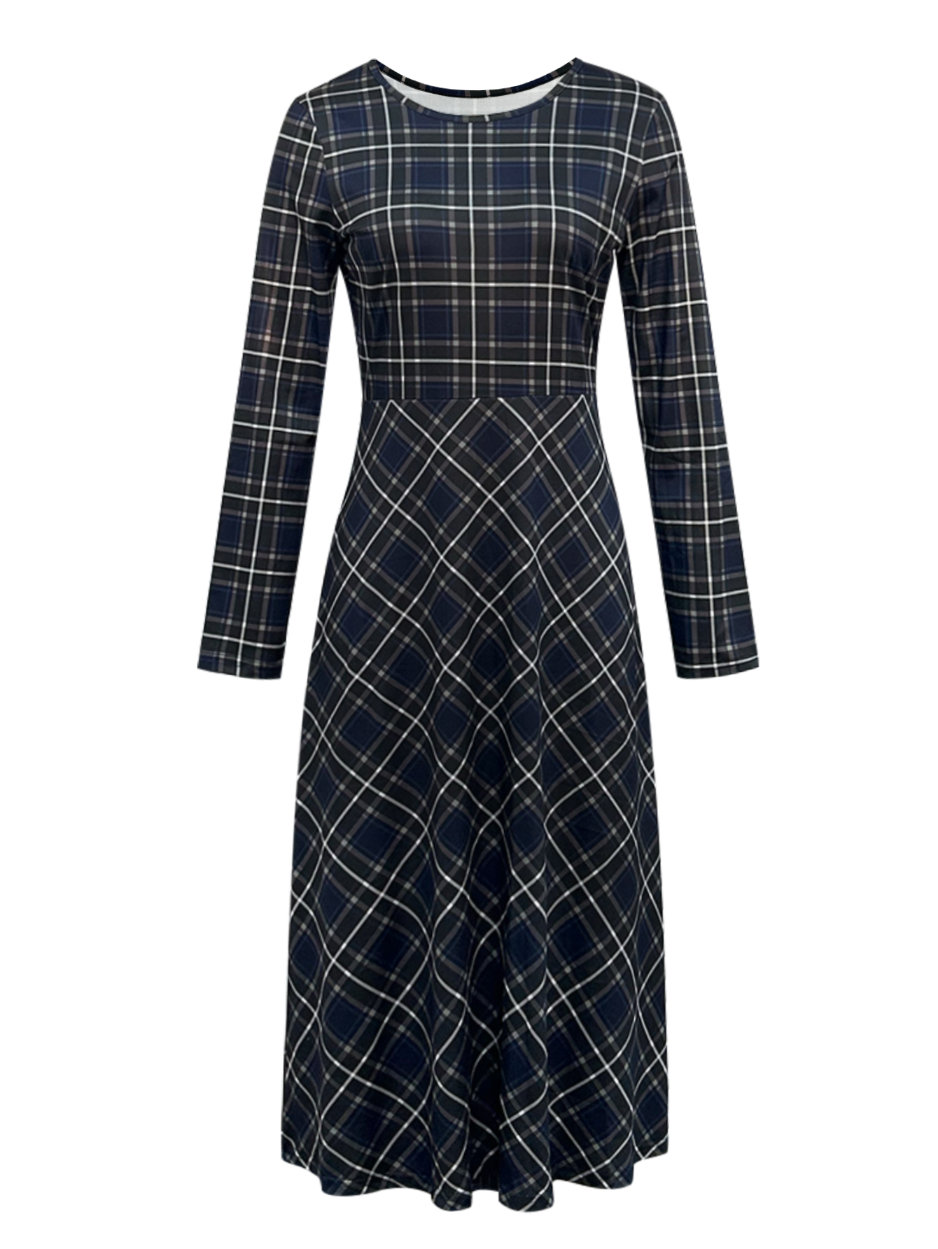 Autumn Winter Women's Fashion Plaid Printed Versatile Commute Style Office Lady Work & Party Midi Dress, Milk Silk Sea Blue Dress, S-XXL---CF5536