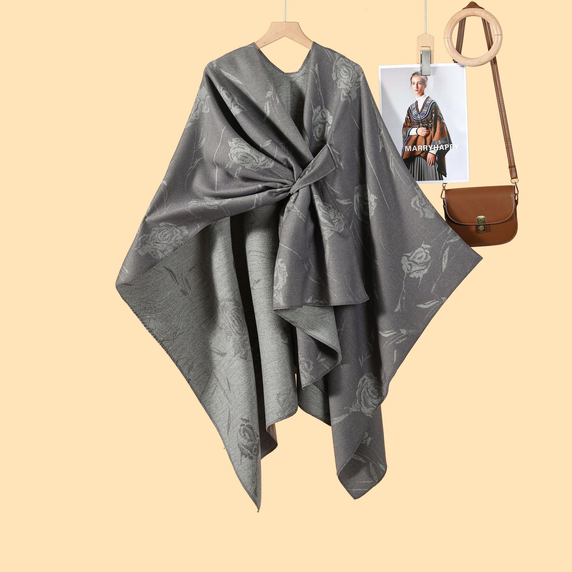 Womens French Romantic Rose Split Cape Multifunctional Side Tie Outerwear Warm Cardigan New