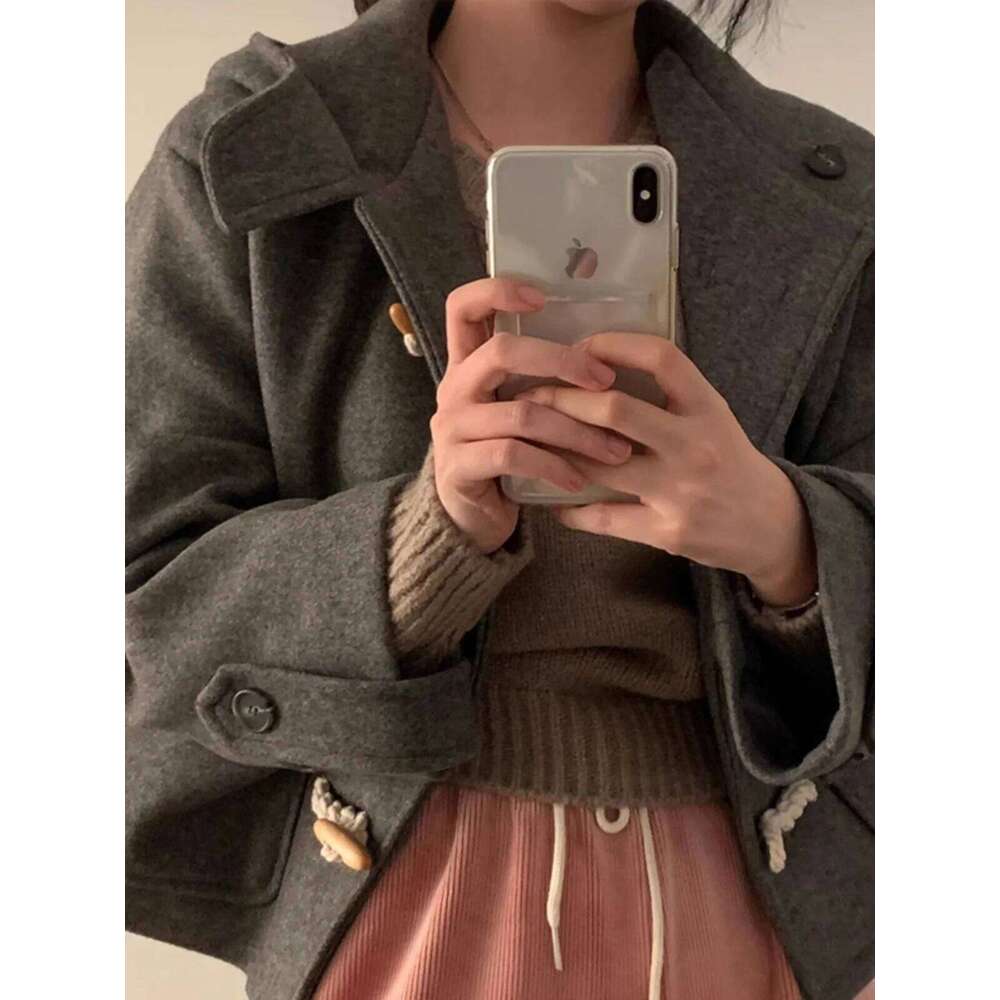 Chic Ort Women S Woolen Coat Autumn Winter Button Up Hat Design Korean Sle Commute Pure Color Long Sve Straight Cut