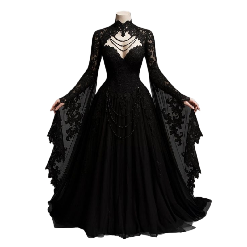 2026 Gothic Black Prom Dresses With Long Flare Sleeves Beading Lace Appliques High Collar Vintage Fantasy Evening Gown Customized
