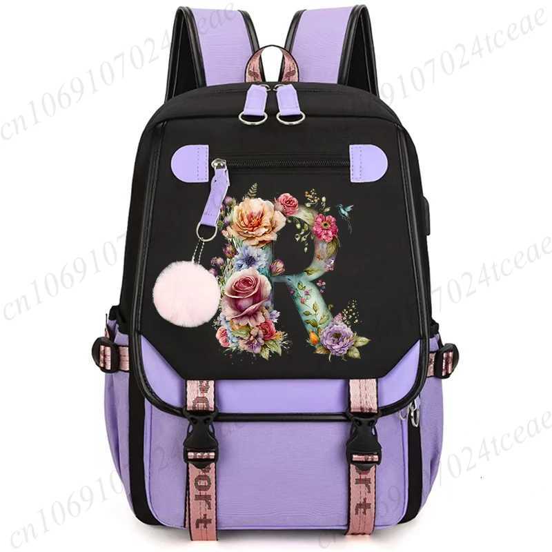 26 Alphabet Flower Women Schoolbag Waterproof Large Capacity School Backpack Zipper Teens Girl Casual Daypack Bag Student NEW W251025