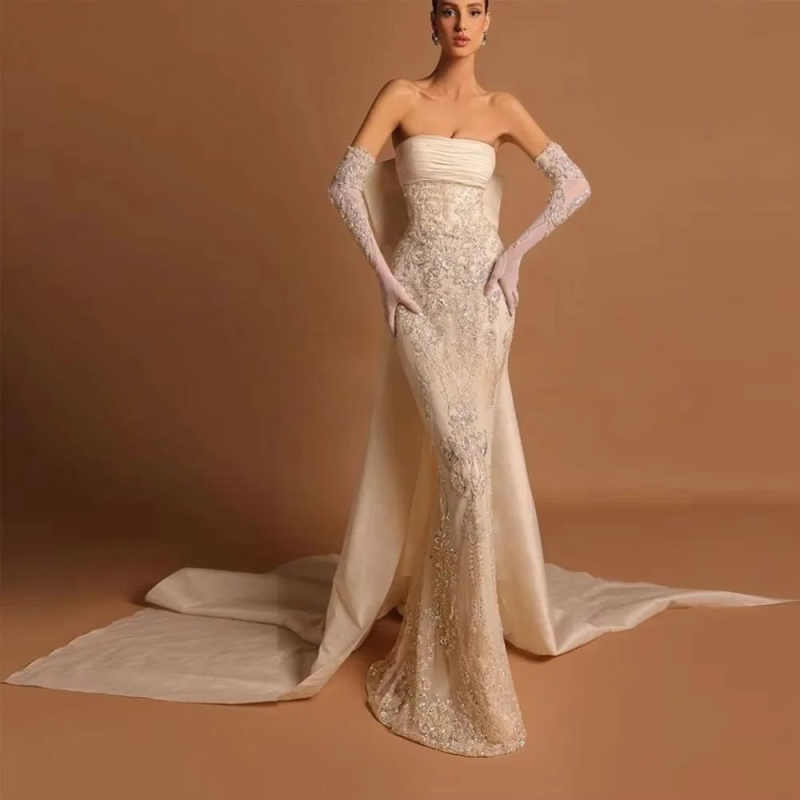 Sparkling Beaded Straight Long Wedding Dress Graceful Satin Strapless Bridal Gown Customized Sexy Sleeveless Dresses For Bride